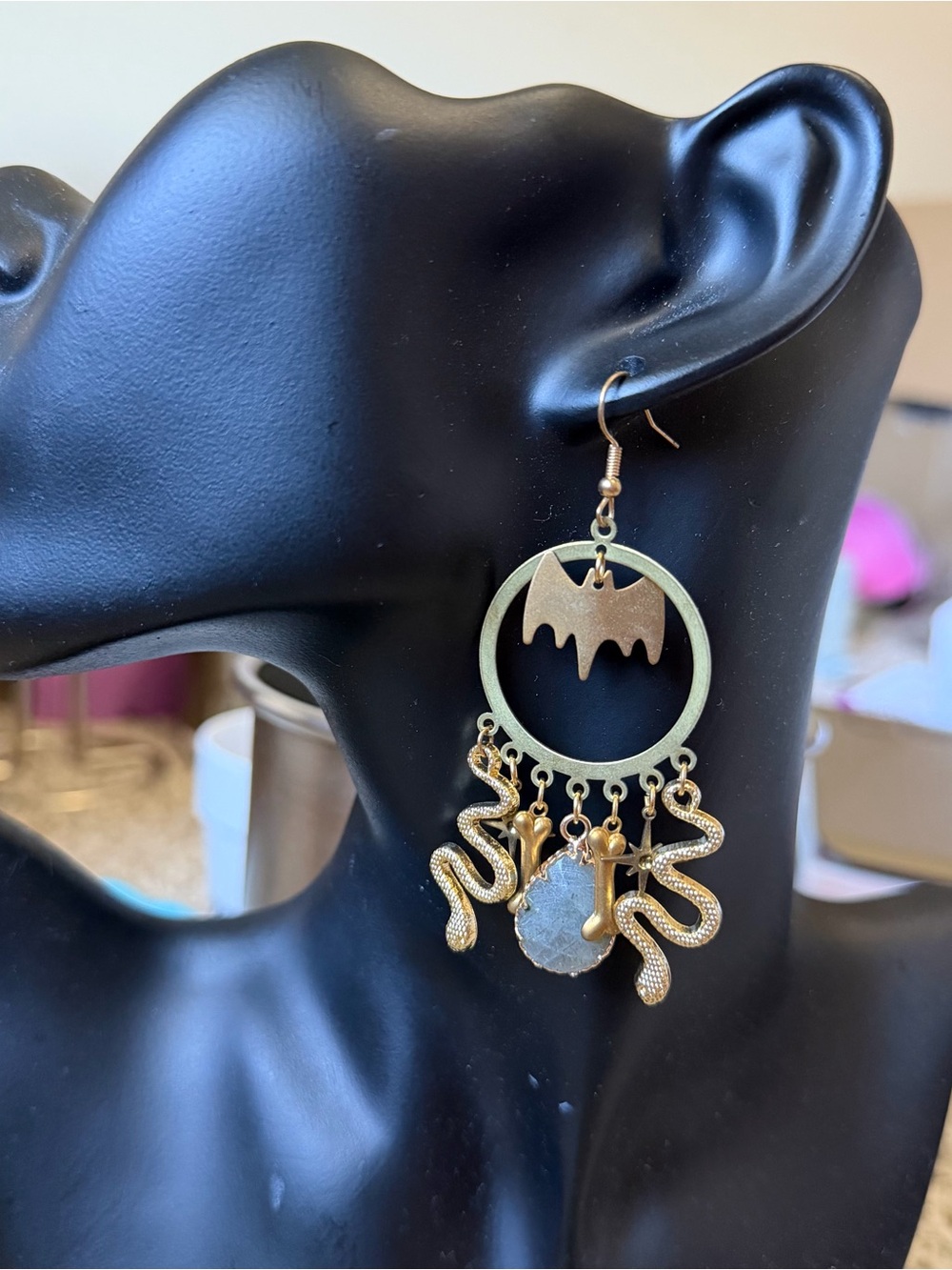 Classic Halloween style bat and bones gemstone earrings